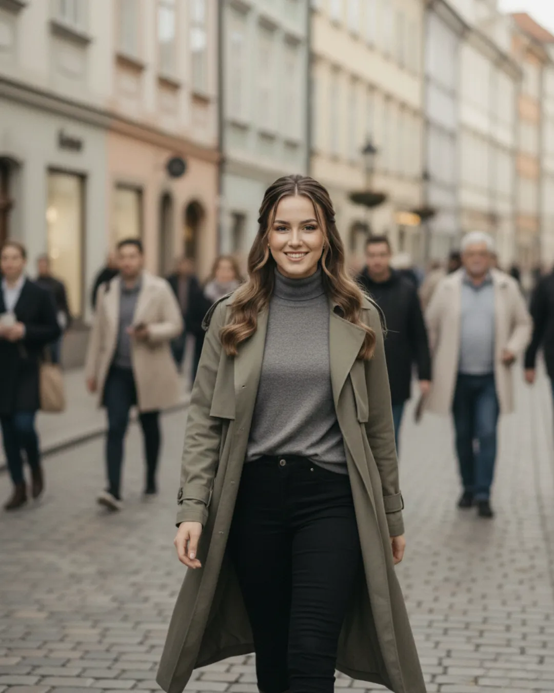 Cinematic street-style editorial photography of a fashionable young woman in motion.