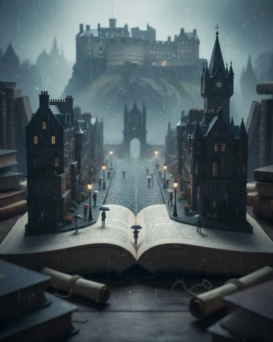 Cinematic Dark Fantasy Miniature – Rainy Gothic Book City