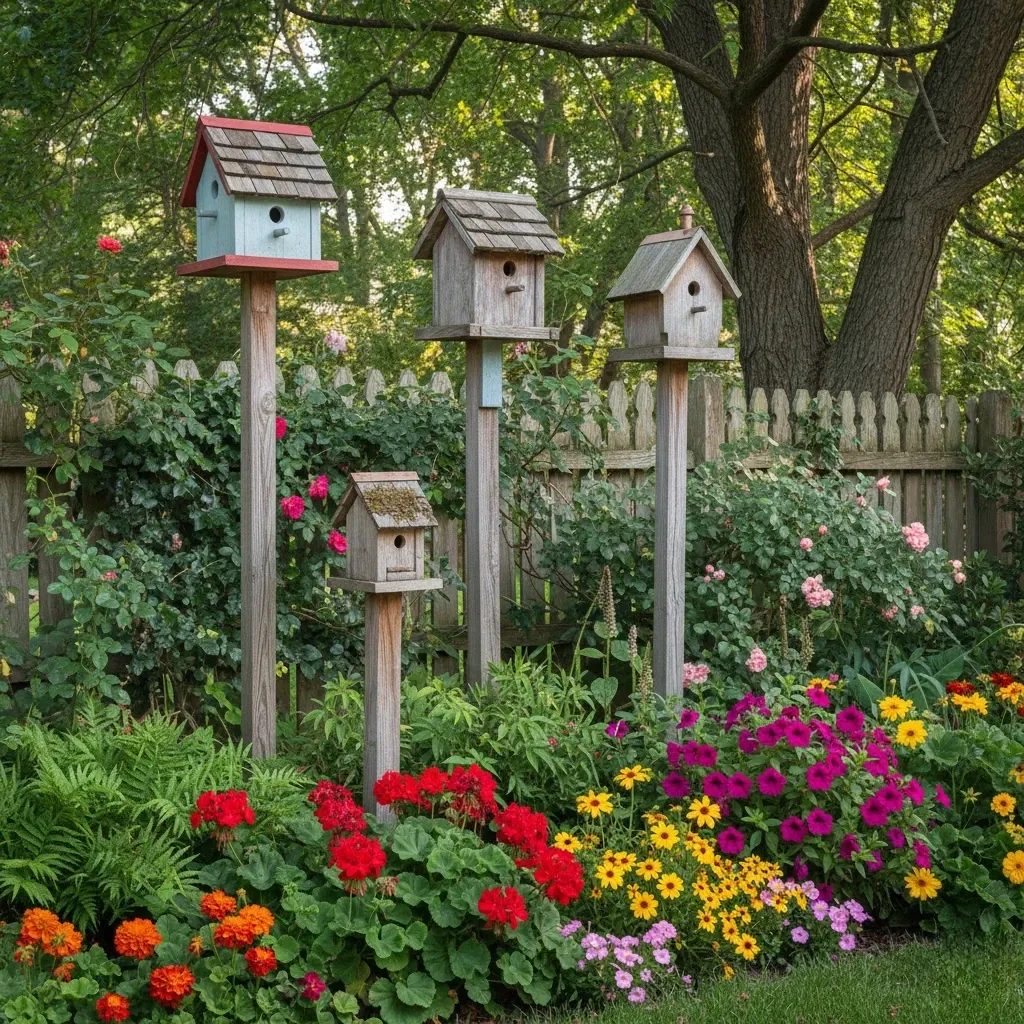 Ultra-realistic cottage-style garden photography featuring handcrafted wooden birdhouses