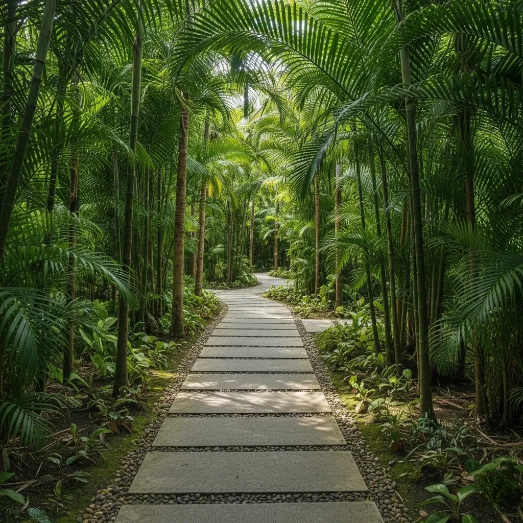 High-resolution tropical garden pathway scene for nature, landscape, or resort-style photography