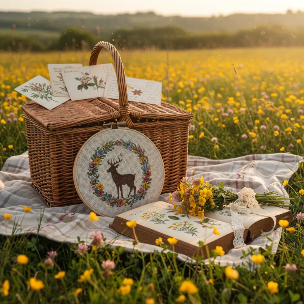 High-resolution vintage cottagecore picnic still-life photography for nostalgic countryside visuals
