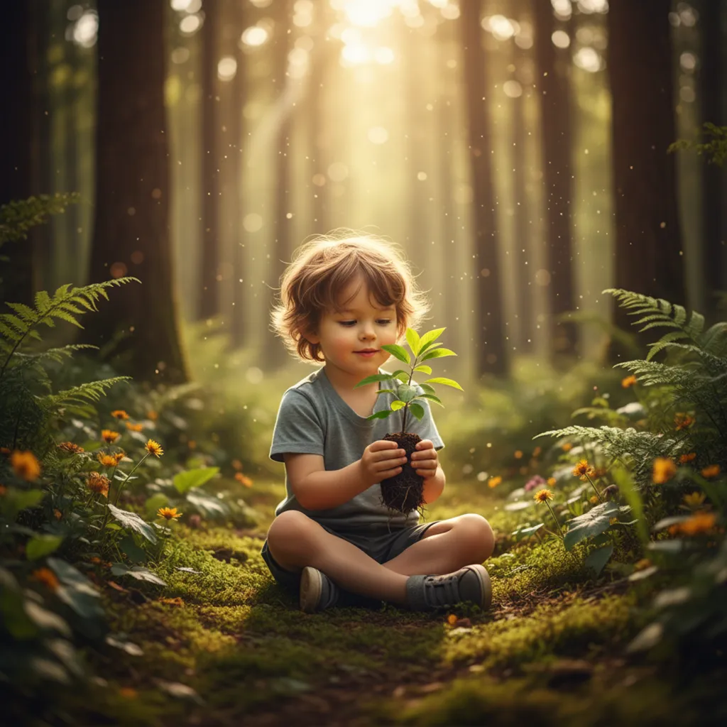 Ultra-realistic cinematic woodland scene highlighting innocence, nature, and environmental symbolism