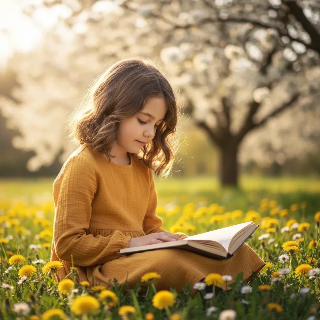 Ultra-realistic springtime portrait photography with peaceful, storybook-inspired atmosphere